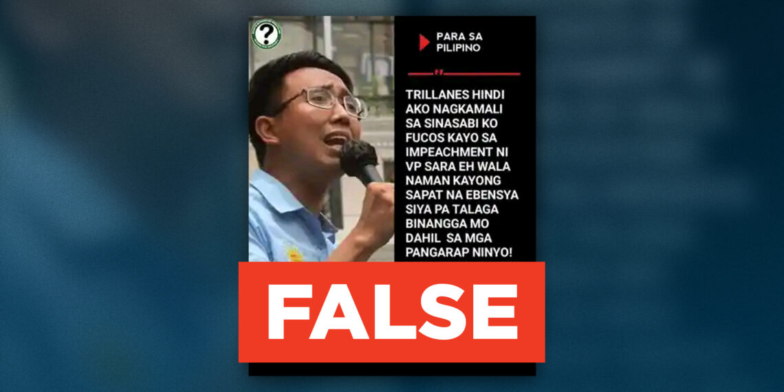 FACT CHECK: Kabataan Rep. Raoul Manuel did not slam former senator Antonio Trillanes over VP Sara Duterte impeachment and called for his return to the CPP NPA.