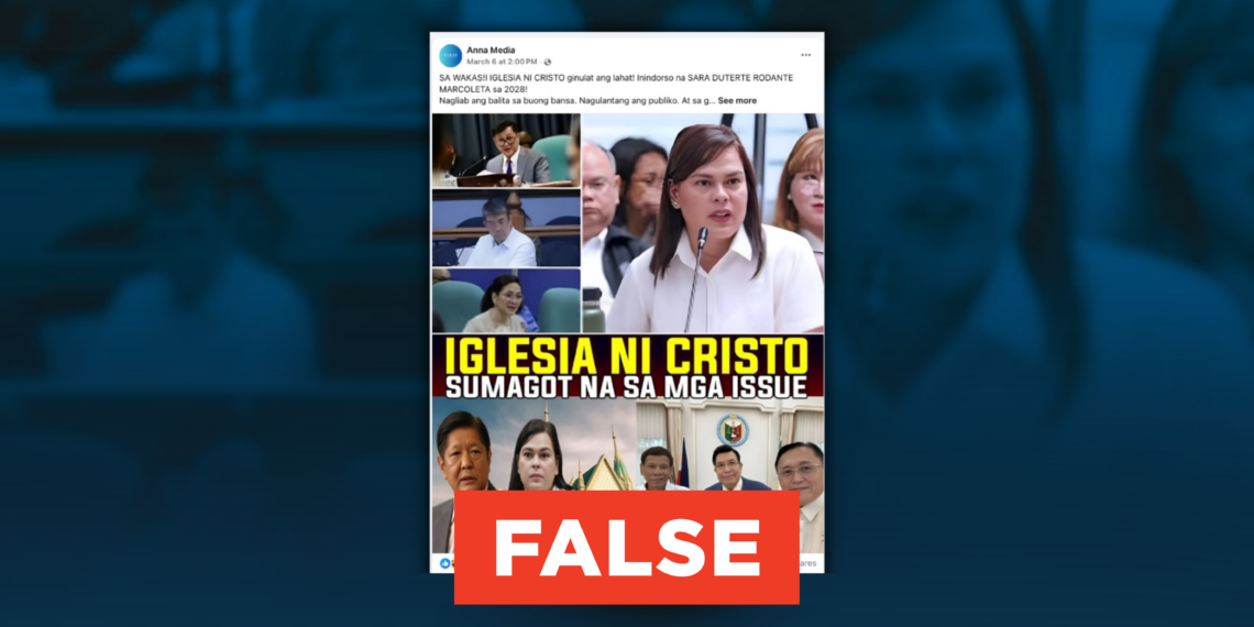 FACT CHECK: Iglesia ni Cristo has not endorsed a Sara Duterte–Rodante Marcoleta tandem for 2028