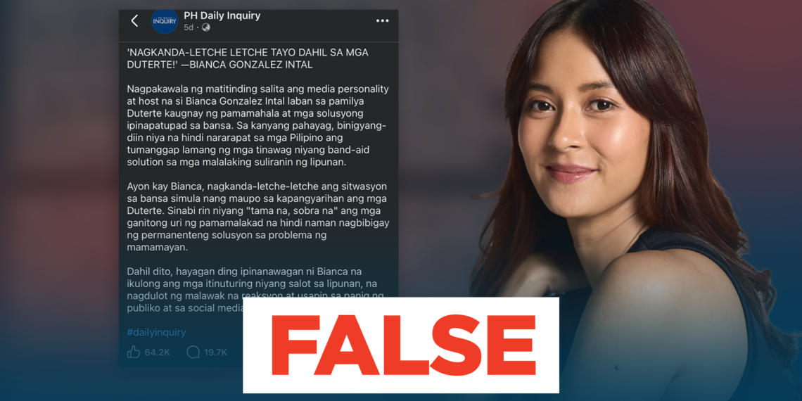 FACT CHECK: Viral post falsely claims Bianca Gonzalez blamed the Dutertes for the country’s problems